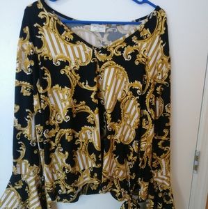 Mustard and black bell sleeve blouse